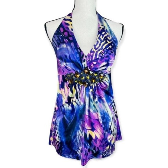 Cache Tops - Cache Y2K Vintage Sexy Back Purple with Rhinestone Halter Top Size Small